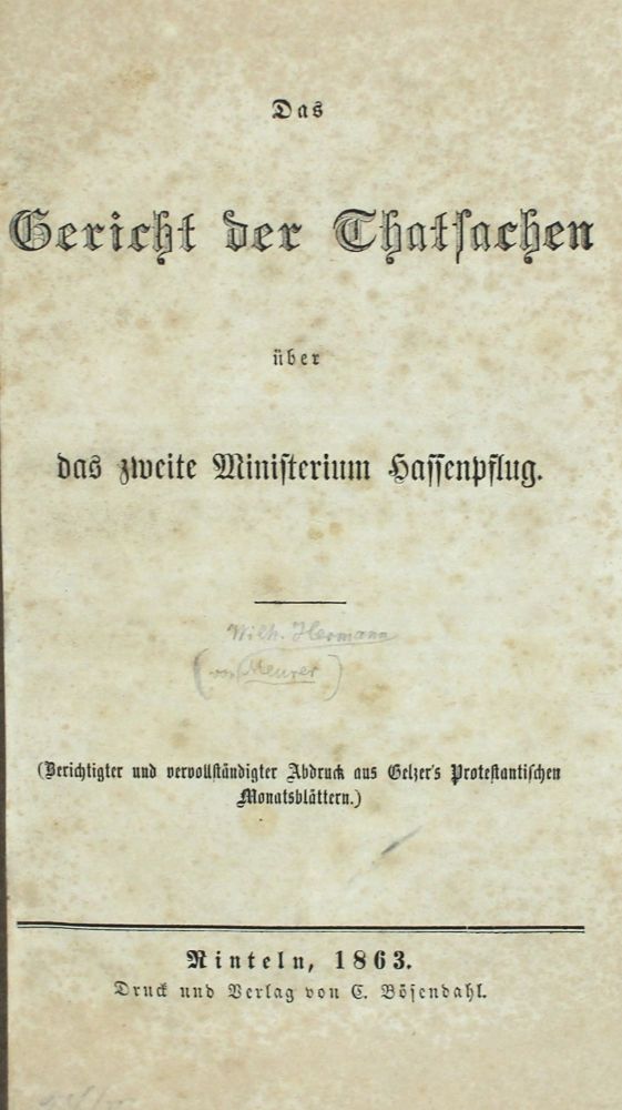 MEURER, Hassenpflug-Affäre. Rinteln 1863